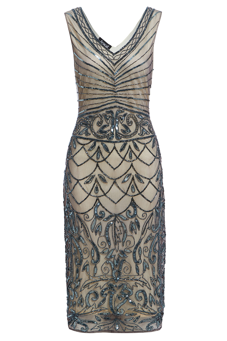 Victoria - Beige Midi Embellished 1920s Flapper Dress | Jywal London