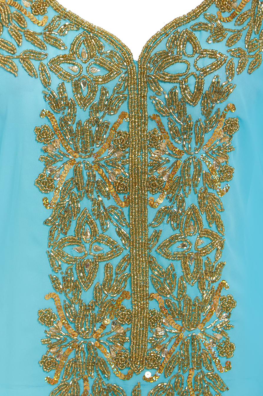 Himani Gold Embellished Short Turquoise Beach Kaftan Tunic Dress