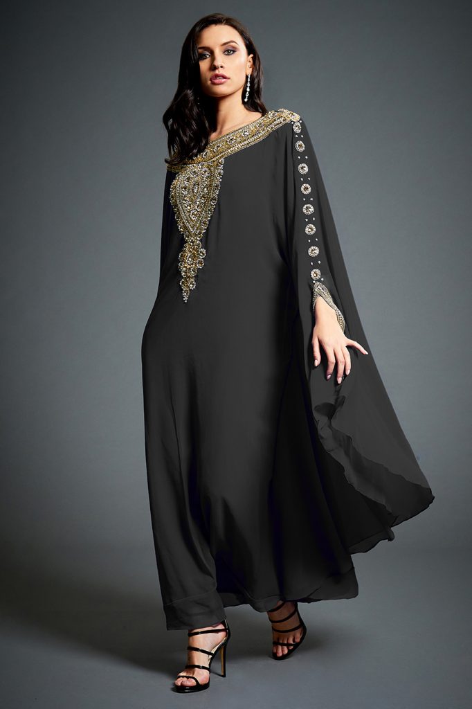 Amina Black Gold Embellished Kaftan Maxi Dress | Jywal London