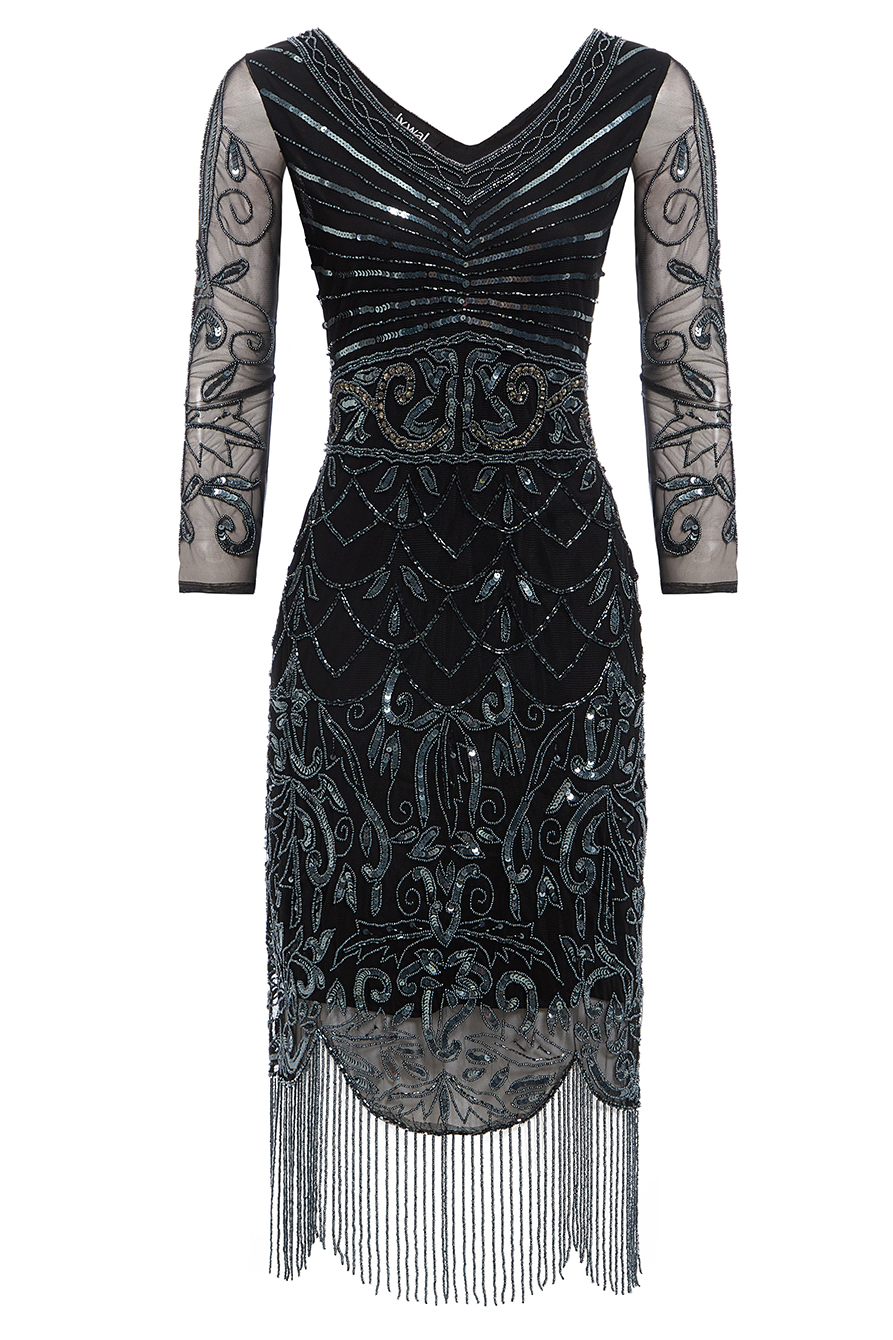 Tabitha Black Midi Embellished 1920s Gatsby Long Sleeve Flapper Dress ...