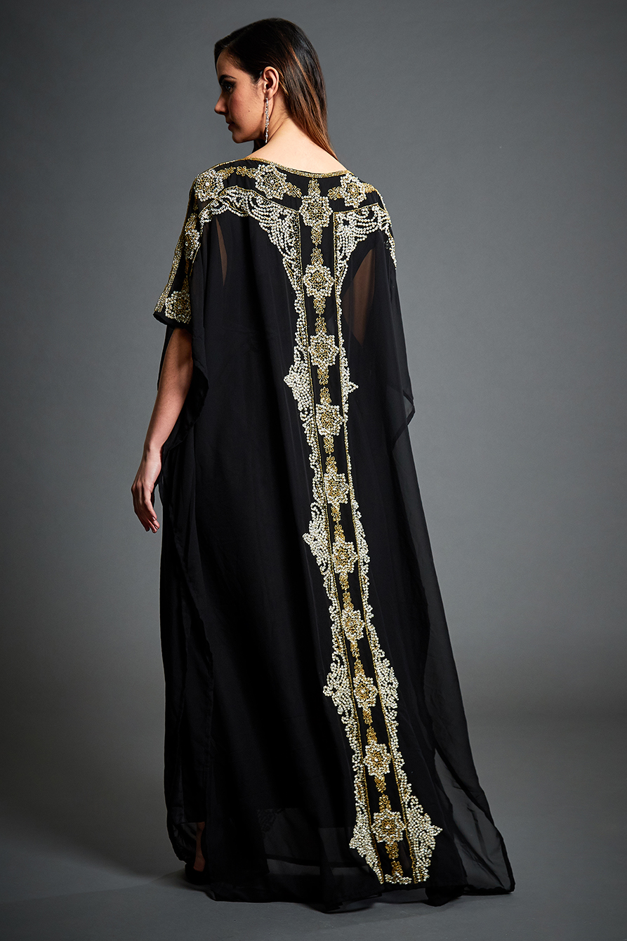 Aliya - Gold And Silver Embellished Black Kaftan Maxi Gown | Jywal