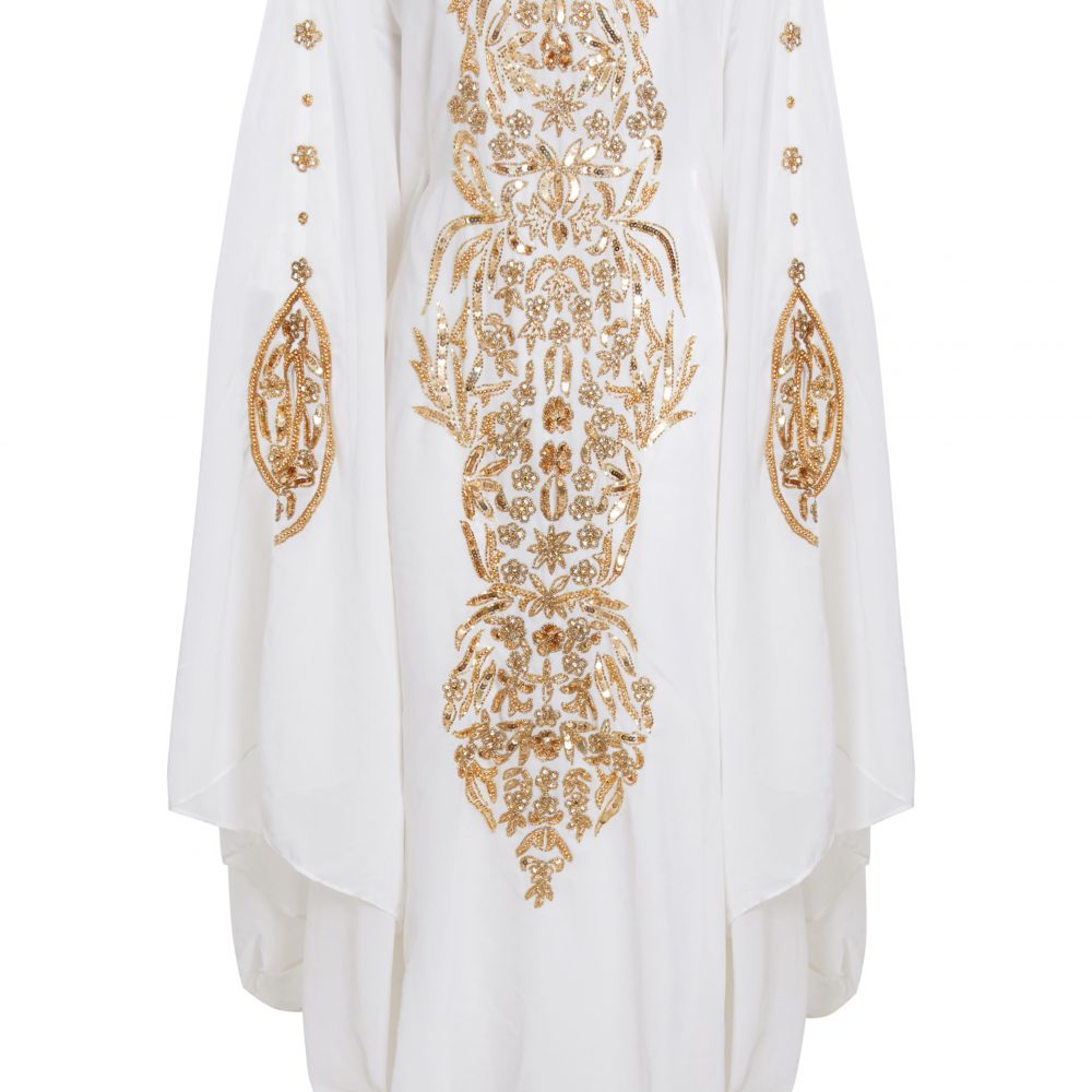 Nahla - Gold Embellished Off White Bridal Kaftan Maxi Gown | Jywal