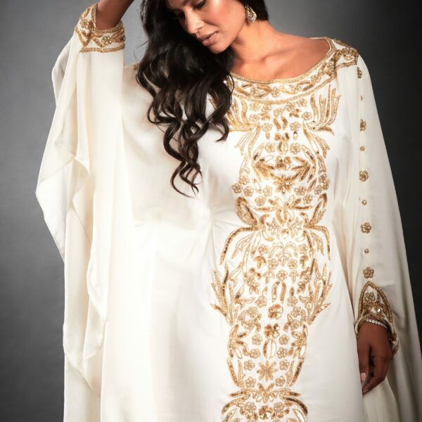 Nahla - Gold Embellished Off White Bridal Kaftan Maxi Gown | Jywal