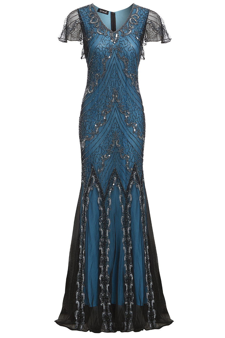 Evelyn Embellished 1920s Gatsby Blue Flapper Evening Maxi Dress | Jywal ...