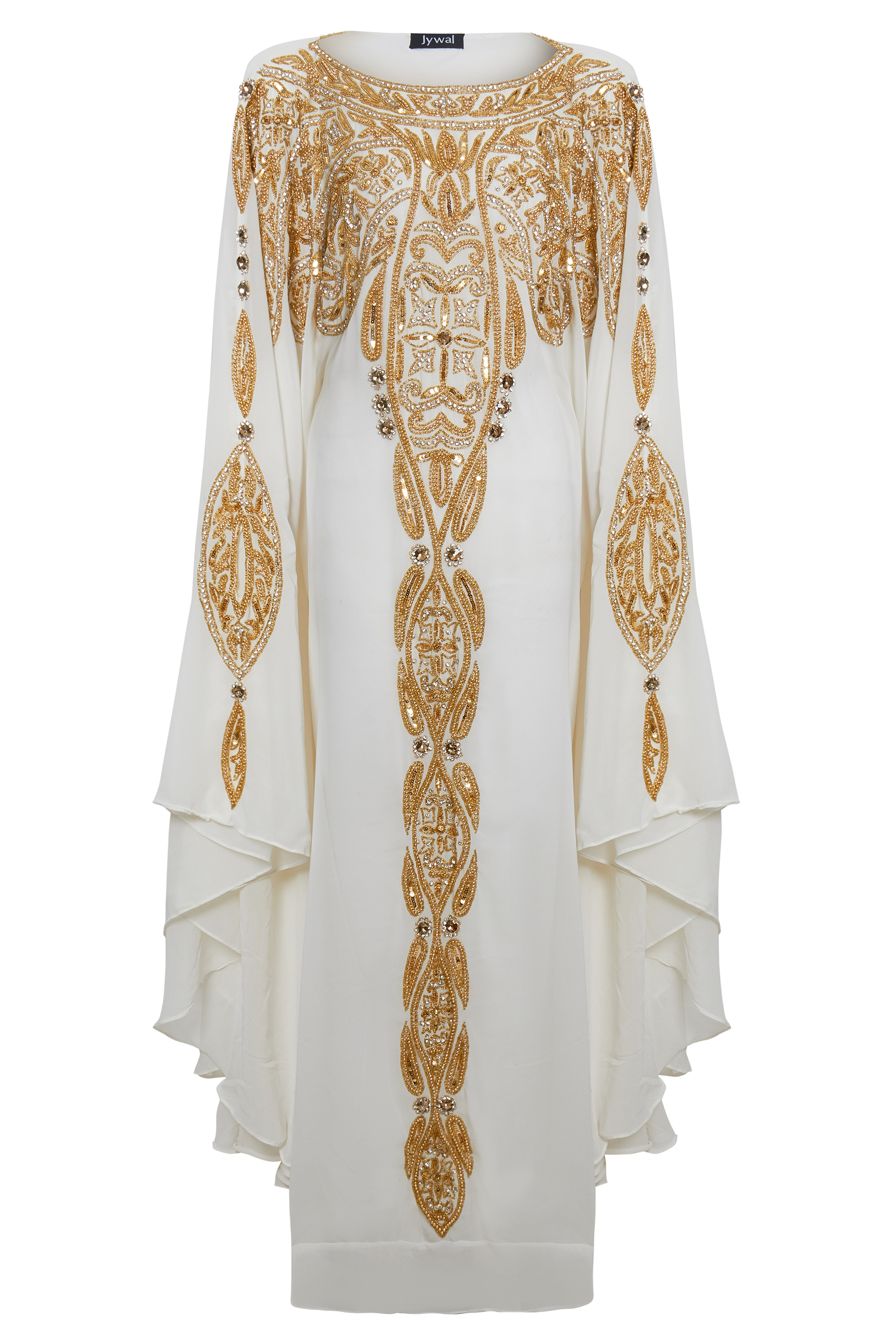 Alya Gold Embellished Off White Wedding Kaftan Maxi Gown | Jywal London