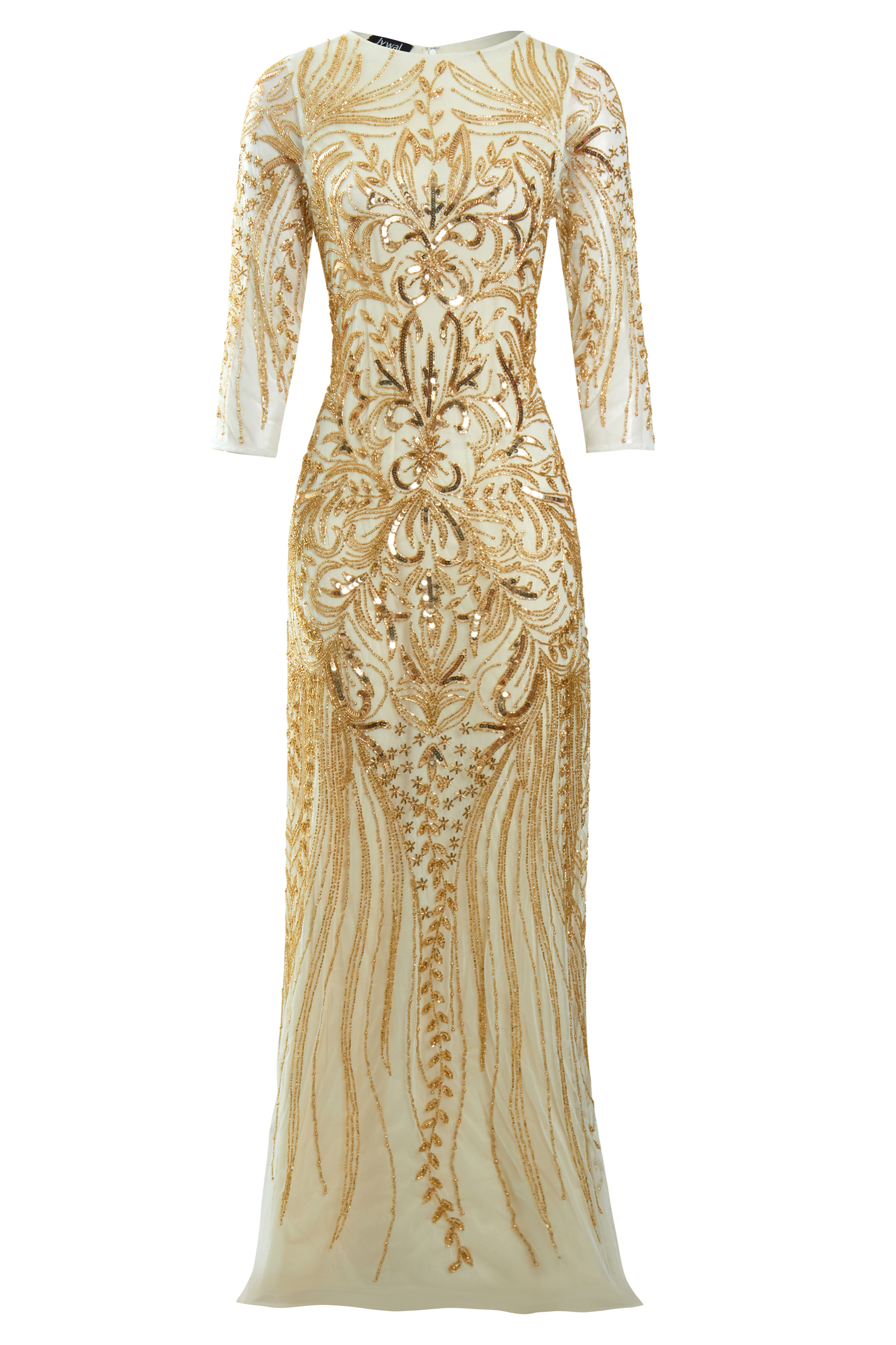 Tessy Gold Embellished Gatsby Evening Long Sleeve Maxi Dress | Jywal London