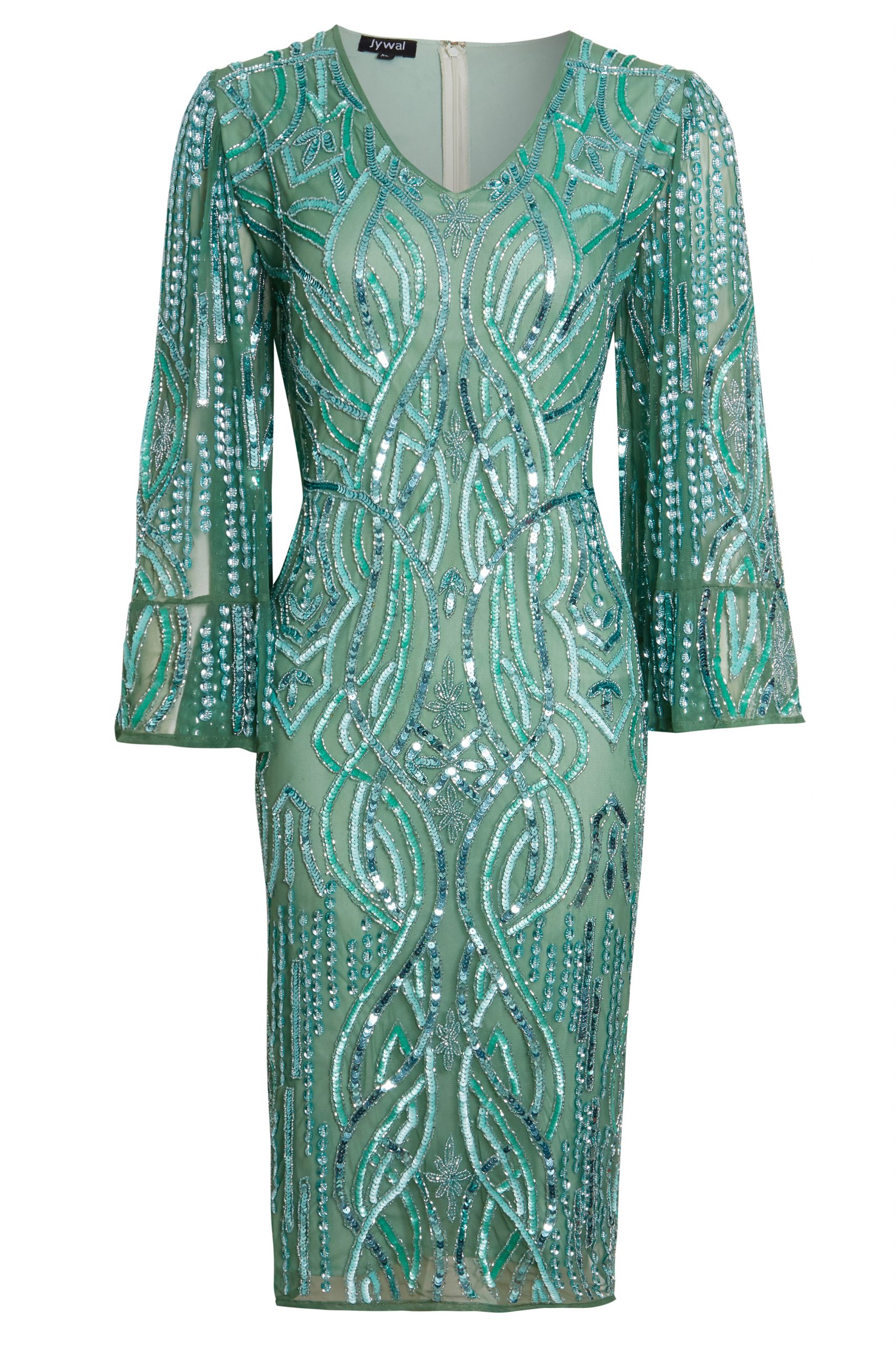 Clara - Green Embellished Flared Sleeve Gatsby Dress | Jywal