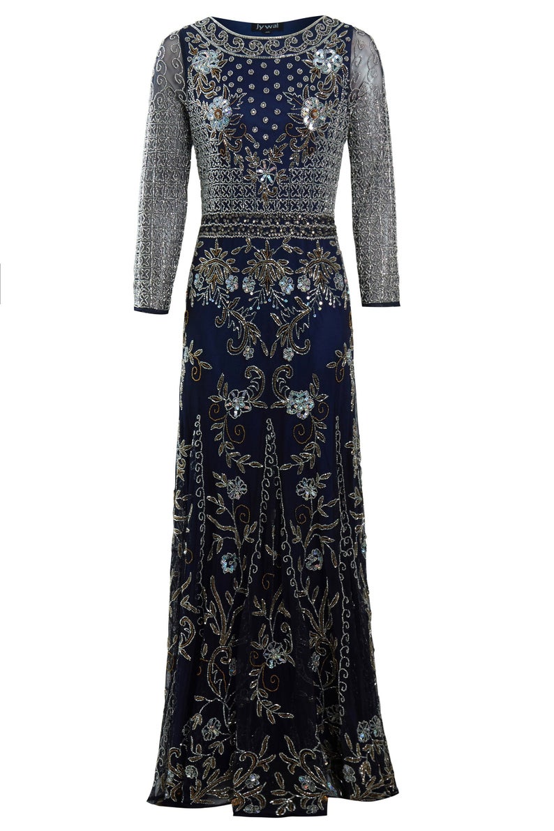 Grace Embellished Navy Blue Floral Modest Wedding Gown | Jywal London