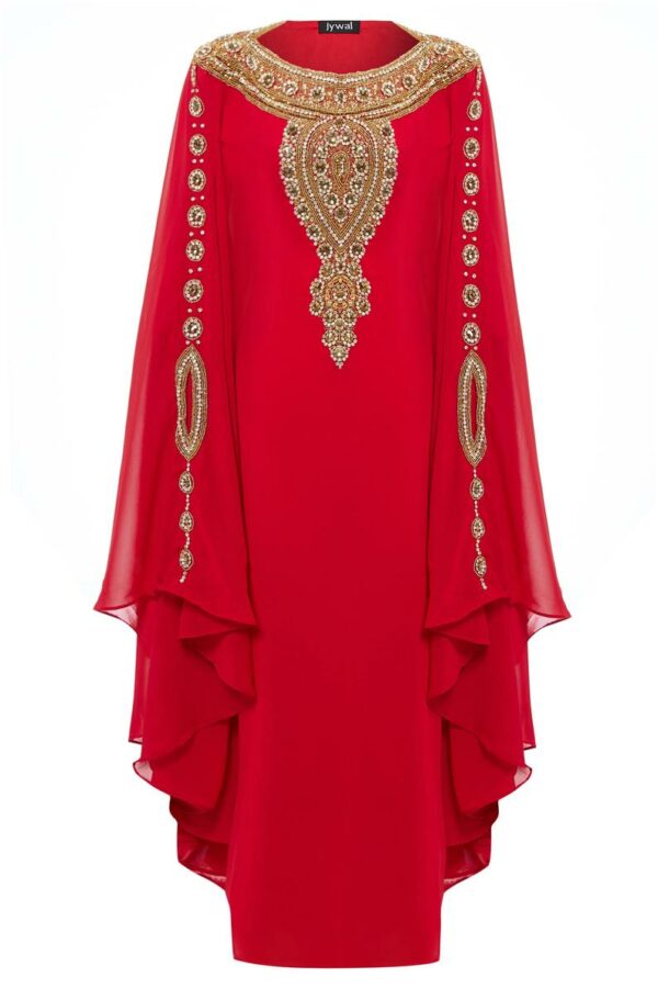 Layla - Red Gold Embellished Kaftan Maxi Dress | Jywal London